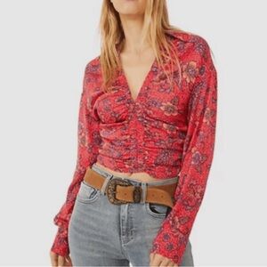 Free People I Got You Printed Red Satin Floral Ruched Top Cottagecore Boho S EUC